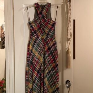 Ralph Lauren Strapless Plaid Midi Dress in Red, Green, Yellow
